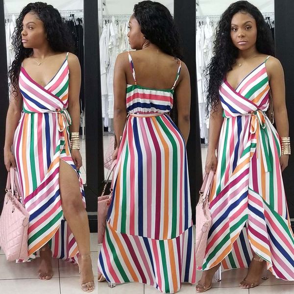 

Women Casual Summer V-Neck Spaghetti Strap Striped Sleeveless Rainbow High Waist Irregular Bohemian Party Long Maxi Dress