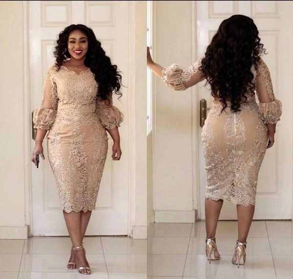 2018 New Designer Champagne Plus Size Mãe do vestido formal vestidos de noiva Lace Applique 3 4 mangas Tea casamento Length Guest Vestidos