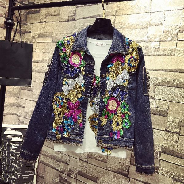 

2018 autumn women rose embroidery jeans jacket sequin beading pearl denim ripped jacket hole bomber denim, Black;brown