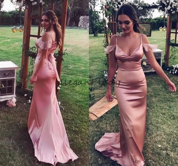 

2018 new maid of honor dresses rose gold mermaid bridesmaid gowns spaghetti straps v-neck formal wedding guest dress vestidos de fiesta, White;pink