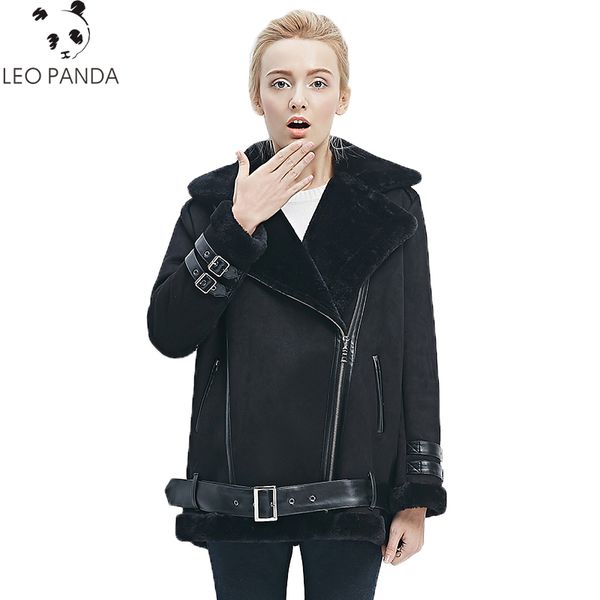 

new fashion spring autumn warm thicken zipper long sleeves v-neck pockets loose coat female jacket lamb fur leather coat cy349, Black