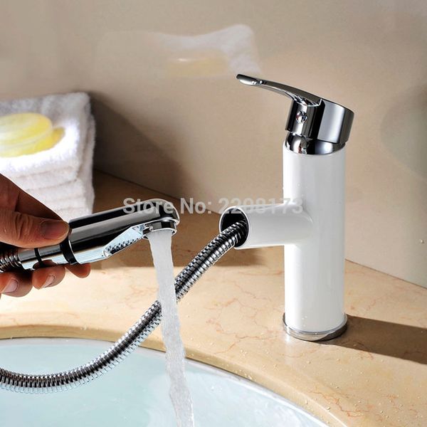 

promotions retail new design solid brass single handle bathroom faucet pull out spray polished chrome white sink filler