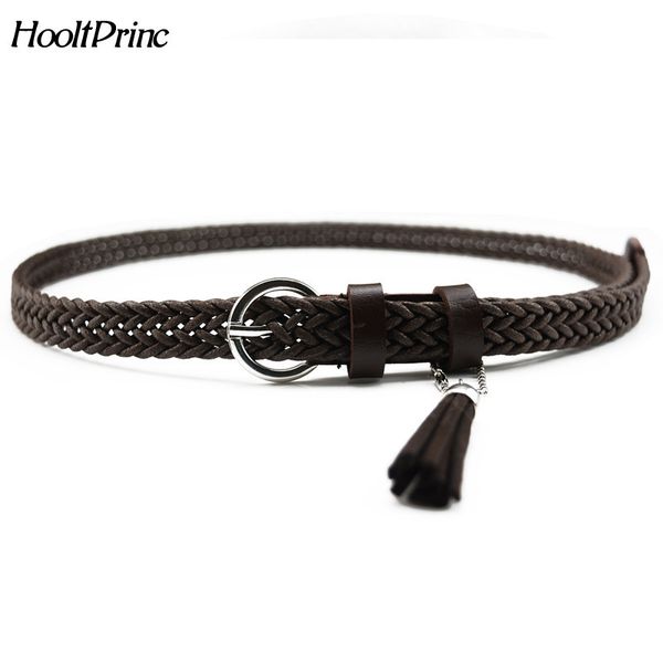 

brand weaving tassel pigskin leather thin female belt for women decoration dress coat cummerbunds lengt 105cm, Black;brown
