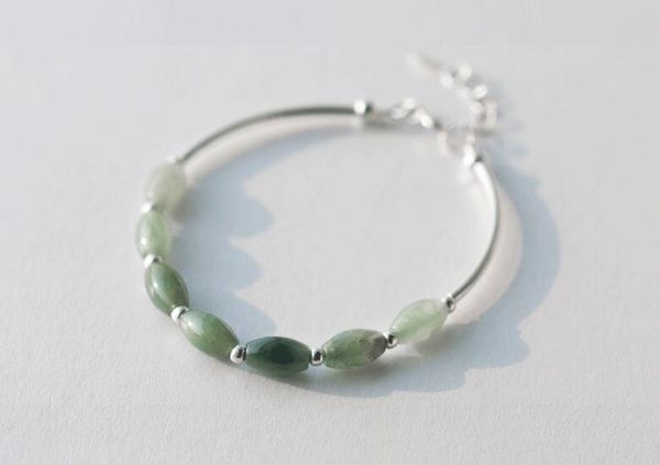 

100% real. 925 sterling silver natural green jade oval/ waterdrop &lucky ball round bead charms bracelet bangle cuff gtls398, Golden;silver