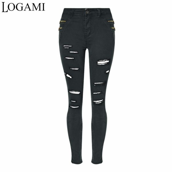 

logami black ripped jeans for women 2018 spring autumn woman hole tight pencil pants jean, Blue