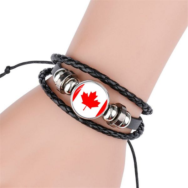

2018 new fashion canada national flag bangle bracelet for men and women glass cabochon leather bracelet jewelry gift, Golden;silver