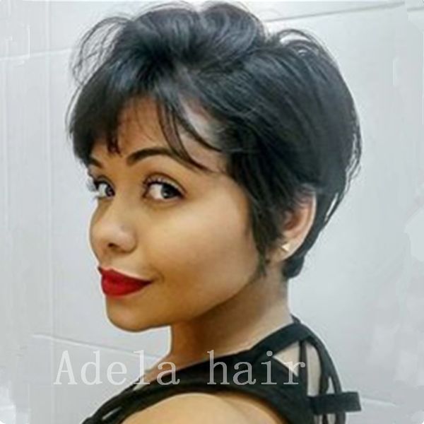 Human Hair Straight Pixie Cut Side Part Machine Made Wig With
