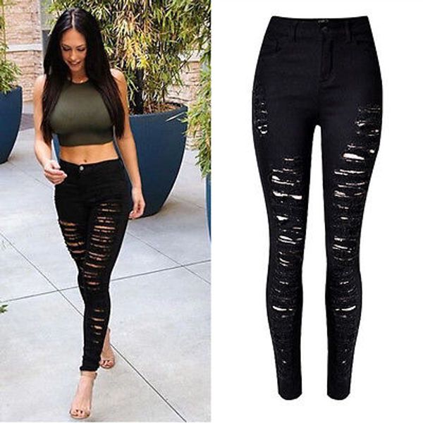 

women denim skinny ripped pants high waist stretch jeans slim pencil trousers pants leggings black, Blue