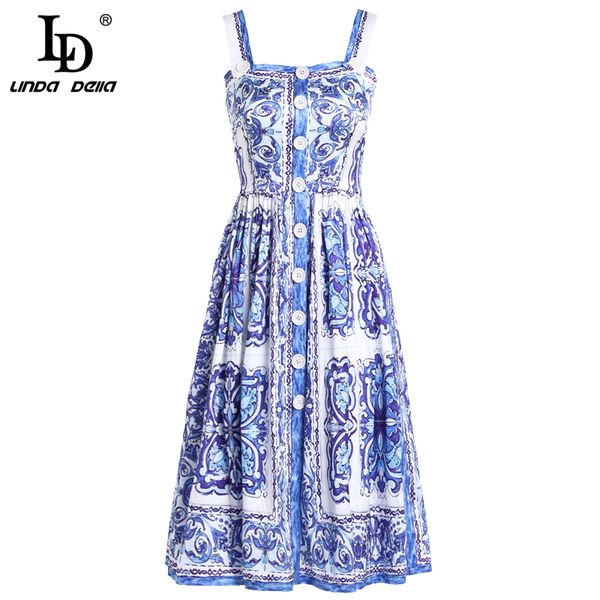 

ld linda della 2018 new fashion runway summer dress women's spaghetti strap blue and white floral printed casual dress vestidos, White;black