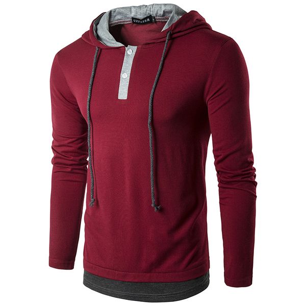 

designer mens hooded shirt sling t shirt fake two pieces long sleeve tees male slim male men casual solid color stitching t-shirt, White;black