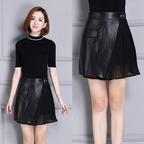 

leather sheepskin pleated skirt, Black