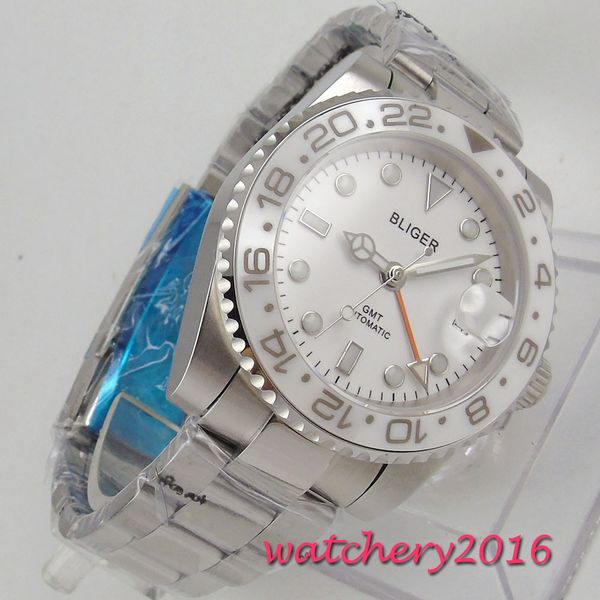 

40mm bliger white dial sapphire glass gmt hand date stainless case rotating bezel automatic movement men's watch, Slivery;brown