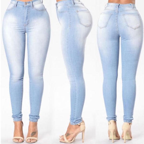 

women pencil stretch casual denim skinny jeans pants high waist jeans trousers, Blue