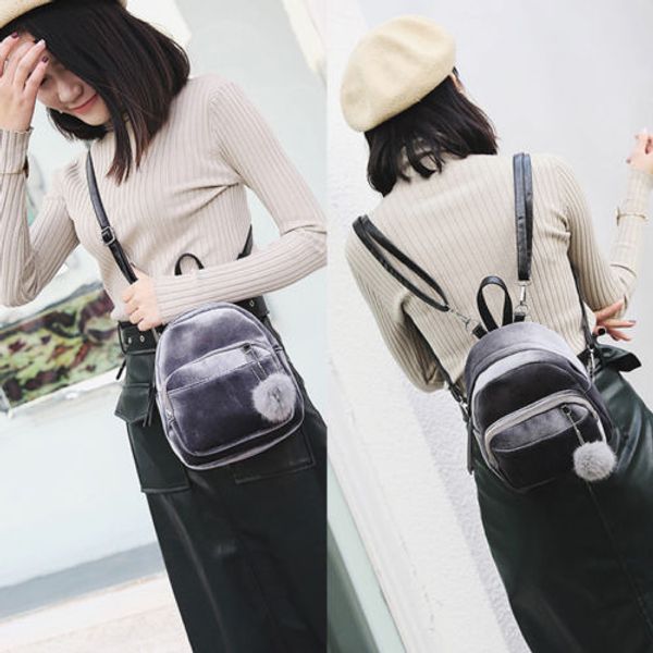 

fashion velvet pom women backpack travel bags girls school bag black &grey mini backpack