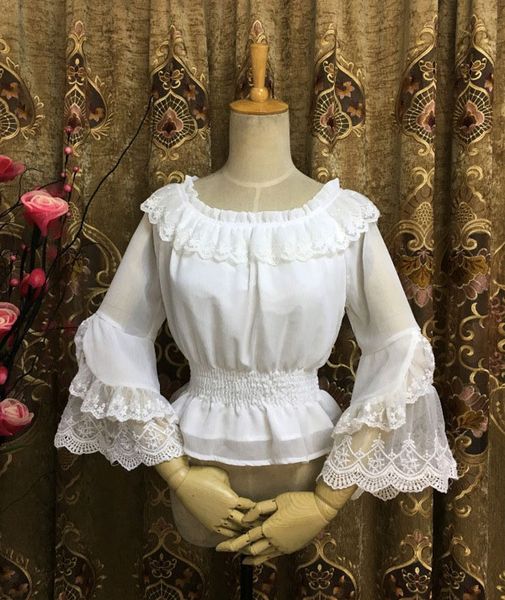 

wholesale original lolita white black chiffon lace long flare sleeve shirt retro summer gothic lolita blouse, Black;red