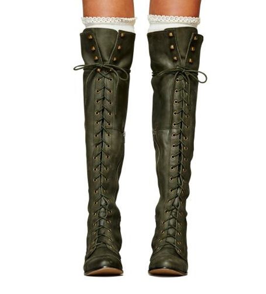 

leather women knee-high boots winter thigh high lace up square heel boots army green zapatos mujer shoes woman stockings, Black