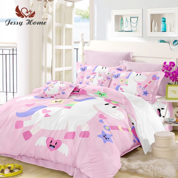Unicorn Bedding Set Queen Size Pink Duvet Cover White Bed Set