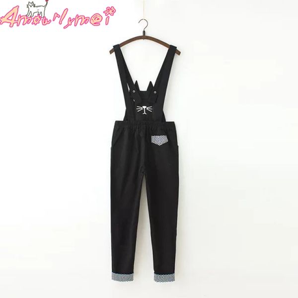 

spring fall women jumpsuits slim-type overalls japanese mori girl kawaii cat embroidery female pants cute casual rompers xs-4xl, Black;white