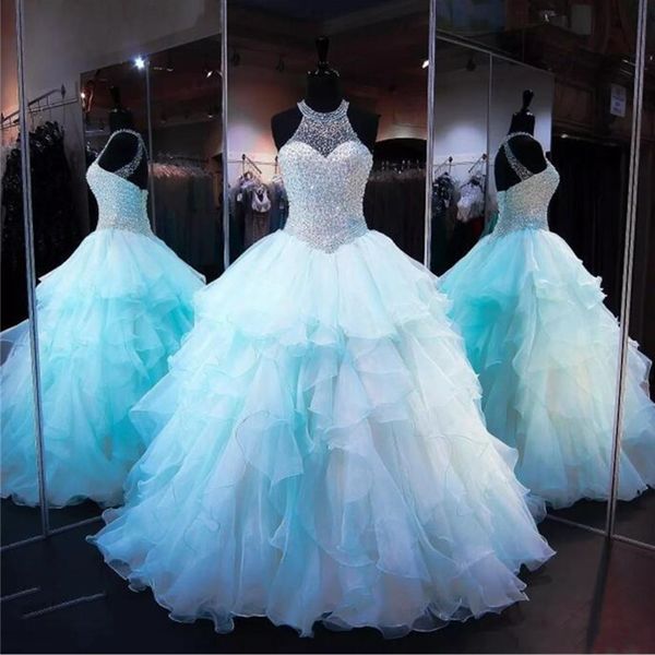 

Раффлед органзы юбка Quinceanera платья 2018 с жемчугом бисером лиф Sheer высокая шея зашнуровать спинки светло - голубой Пром пышные бальное платье