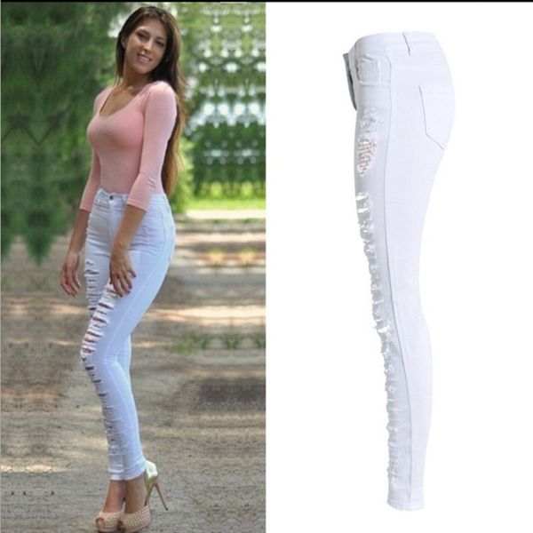 

white hole ripped jeans women stretchy skinny casual jeans high waist denim pencil pants capris, Blue
