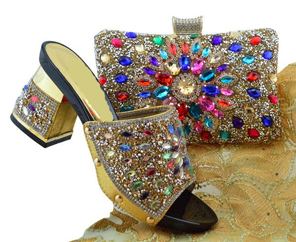 

most popular gold african women shoes matching set with crystal design and gold color bag for dress fgt004, Black
