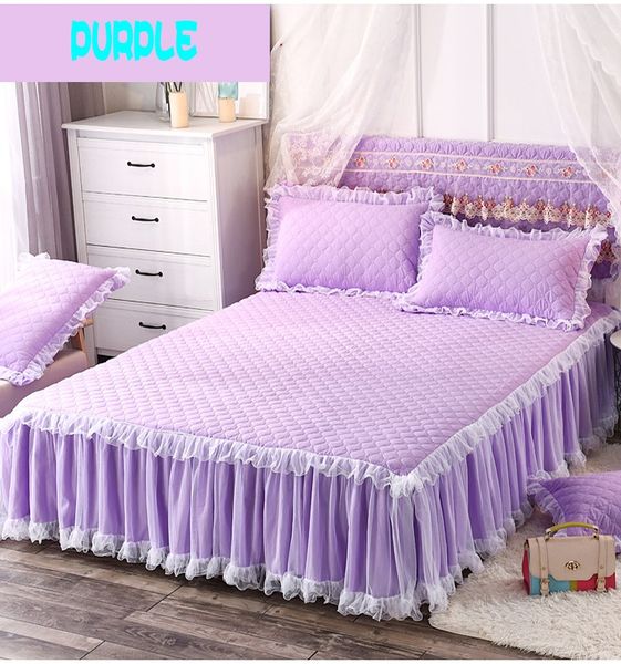 

new 100% cotton bed skirt with cotton lace bedspread bed sheet for wedding princess cover elegant purple bedding 1/3pcs