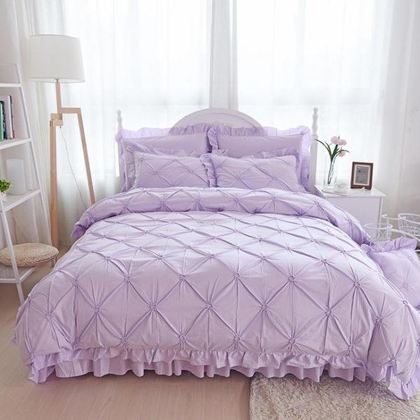 

100% coon purple princess bedding set luxury 4/6pcs pinch pleat quilt cover ruffle bedspreads bed skirt pillowcases