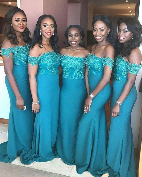 

Teal Blue Nigerian Mermaid Bridesmaid Dresses Off Shoulder Lace Elegant Long Wedding Guest Dress Black Girl Prom Party Gowns Plus Size