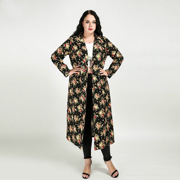 

2xl-7xl plus size floral print women trench coat office ladies work coat long 2017 autumn winter fashion outwear casaco feminino, Tan;black