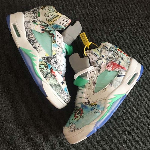 

New Jumpman V 5 Wings White Green ICe Blue Graffiti Basketball Shoes for Best quality Mens Trainers 5s Sports Sneakers Size8-13