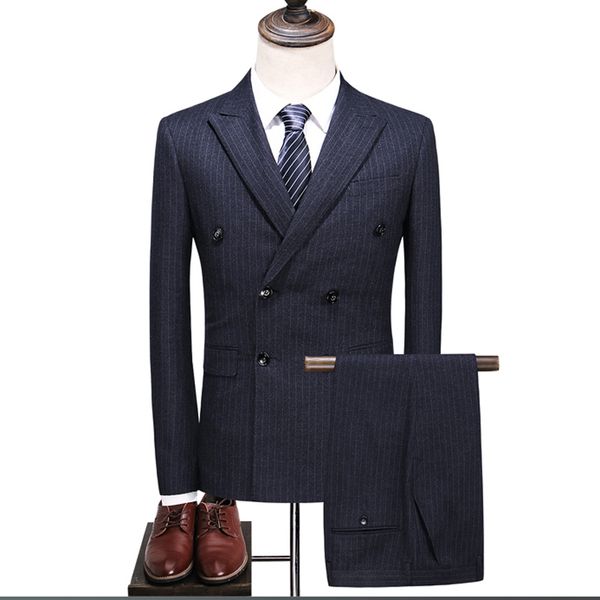 

2018 men suits navy blue stripe wedding suits custom made groom tuxedos double breasted man blazers 2 piece jacket pants groomsmen wear, Black;gray