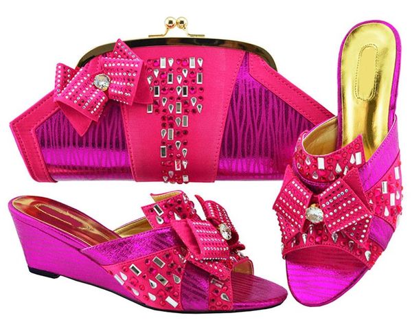 

wonderful magenta bowtie women pumps with big crystal decorartion african dress shoes match handbag set mm1072, Black