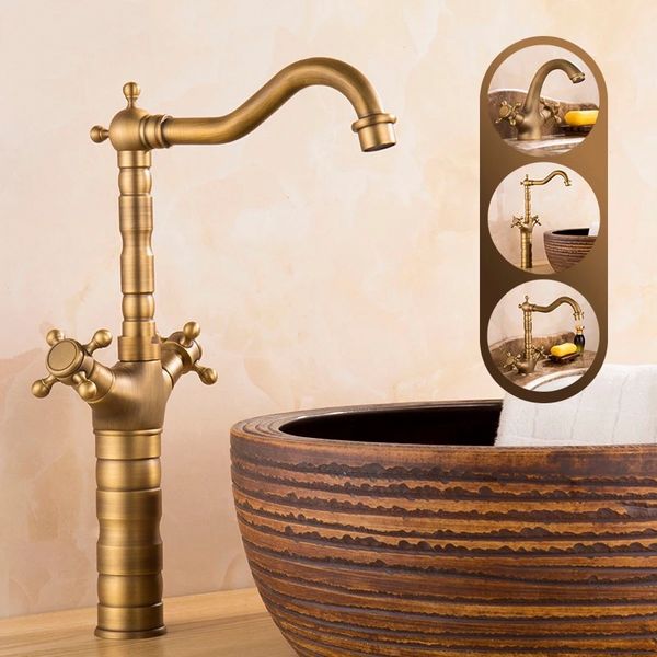 

Kitchen Faucet Antique Bronze Brass Kitchen Sink Faucet Double Handle 360 Rotation Tall Spout Cold Hot Water Mixer Tap