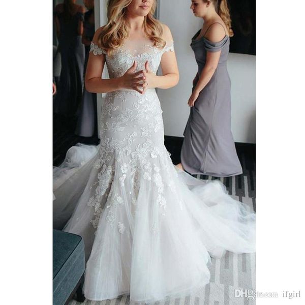 

2020 elegant bateau neck lace mermaid wedding dresses off shoulder appliques long wedding dress vestidos de novia, White