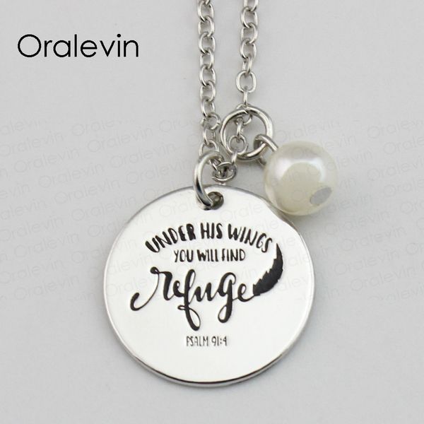 

under his wings you will find refuge inspirational hand stamped custom necklace gift jewelry,10pcs/lot, #ln637, Silver