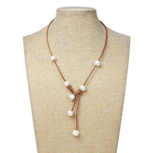 

new arriver leather pearl necklace,white color natural freshwater pearls,brown leather pearl jewellery,ing, Black
