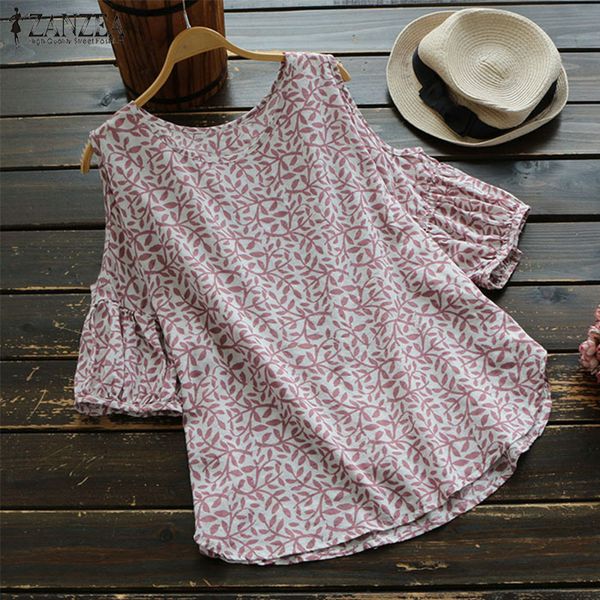 

2018 zanzea women summer boho floral printed blouse off shoulder lantern sleeve loose cotton linen casual shirt blusas 5xl, White