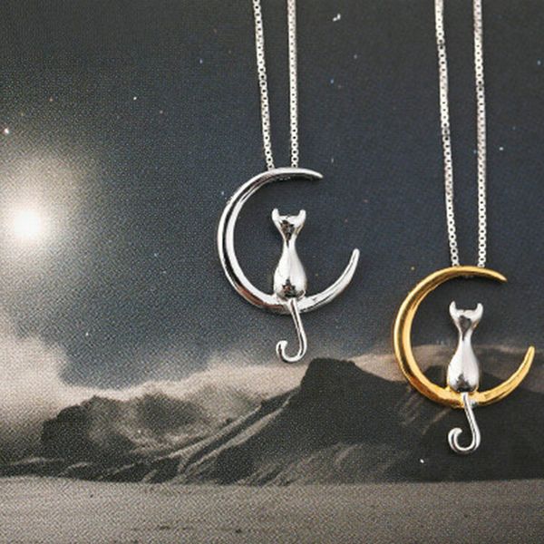 

charm stainless steel necklaces shellhard moon and cute cat chain pendant choker necklace fashion jewelry for women accessories, Silver