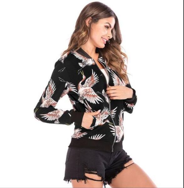 

Women Casual Baseball Jackets Coats Crane Floral Striped Print Design Jackets Woman Slim Cardigan Outerwear Tops