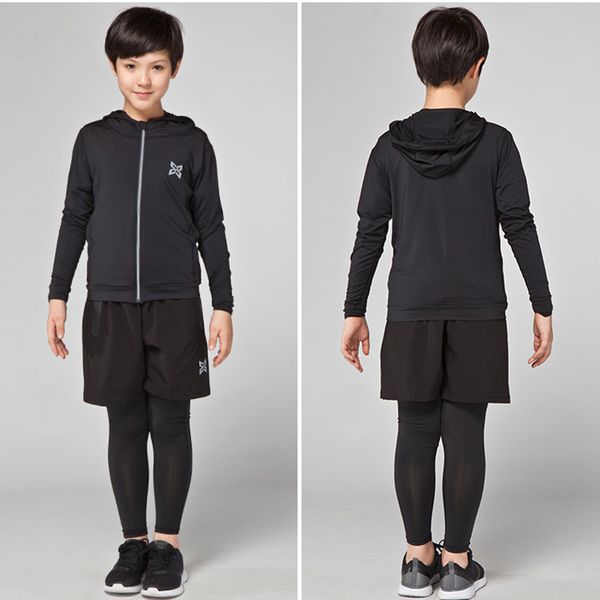 

kids sport clothes running jackets set soccer fitness tights shorts shirts pants leggings compression base layer reflective suit, Black;blue