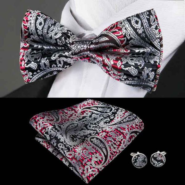 

black and red pattern woven wow bow tie set handkerchief and cuffs wholesale fashion ng shipping lh-0703, Black;gray
