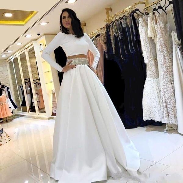 

2018 White Two Piece Prom Dresses Long Sleeves Evening Dresses with Sparkly Beaded Sash A Line Celebrity Dresses For Red Carpet