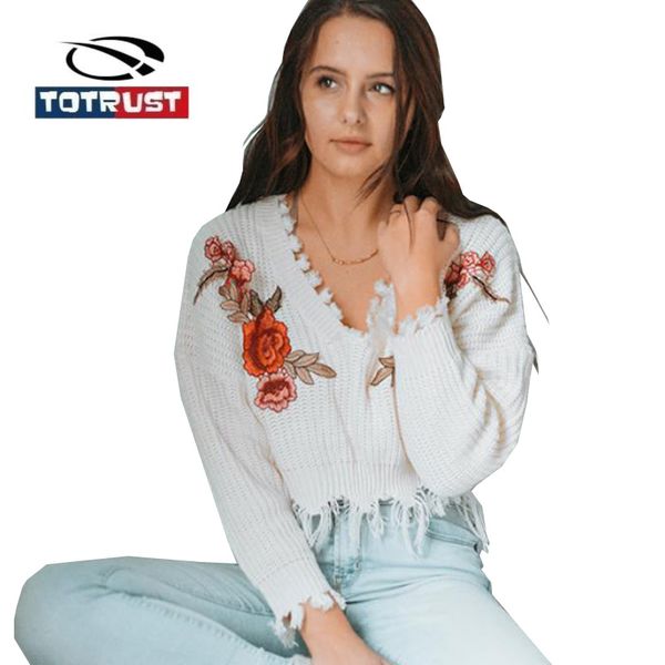 

totrust knitted tassel floral embroidery sweater 2018 fashion autumn women sweaters and pullovers v neck mujer blusa inverno, White;black