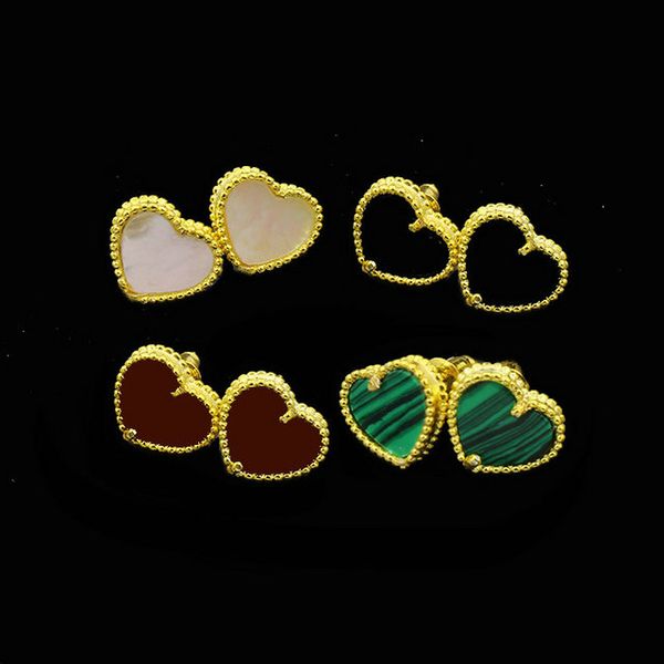 

brass 18k gold plated agate/shell/malachite heart stud earrings letter jewelry for women gift wedding brand name, Golden;silver