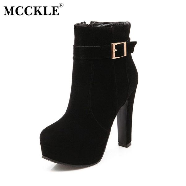 

mcckle woman high heels ankle boots female zip platform part dress pump women fashion buckle suede motorcycle boots, Black