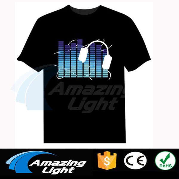 

blue headphone music activated el tshirt cold light sound activated equalizer led t-shirt for bar rock disco with dc3v inverter, White;black