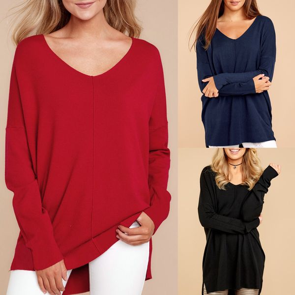 

европейских и американских женщин одежда sexy v-образным вырезом сыпучие хем щелевая с длинным рукавом экипаж шеи футболку, White