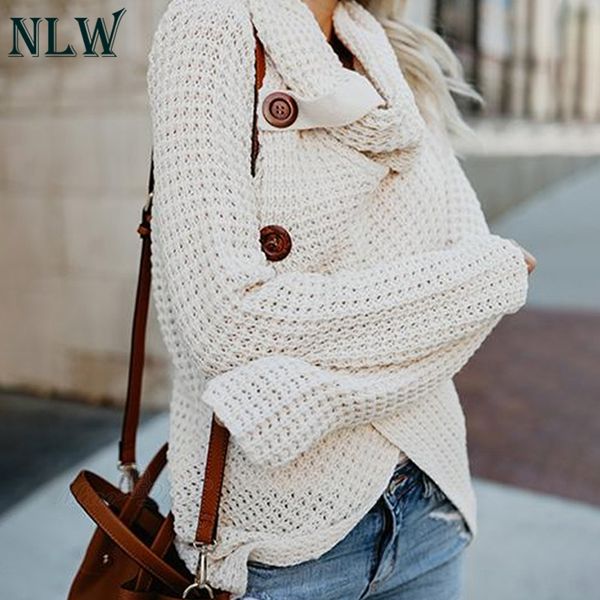 

nlw turtleneck regular long sleeve asymmetrical sweater women casual sweaters high street fashion button solid pullover jumpers, White;black