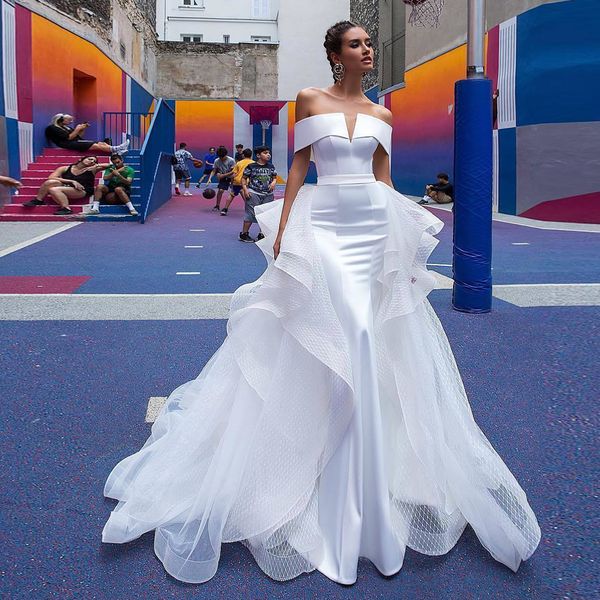 

stunning white detachable train wedding dresses off shoulder cascading ruffles satin wedding gown sweep train chapel bridal dress