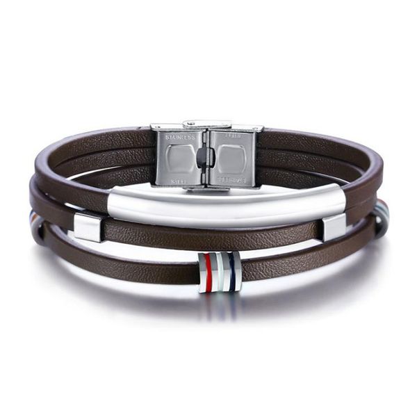 

21cm multilayer brown leather rope bracelet men's stainless steel geometry ornament three lap leather rope bracelet boy jewelry, Black